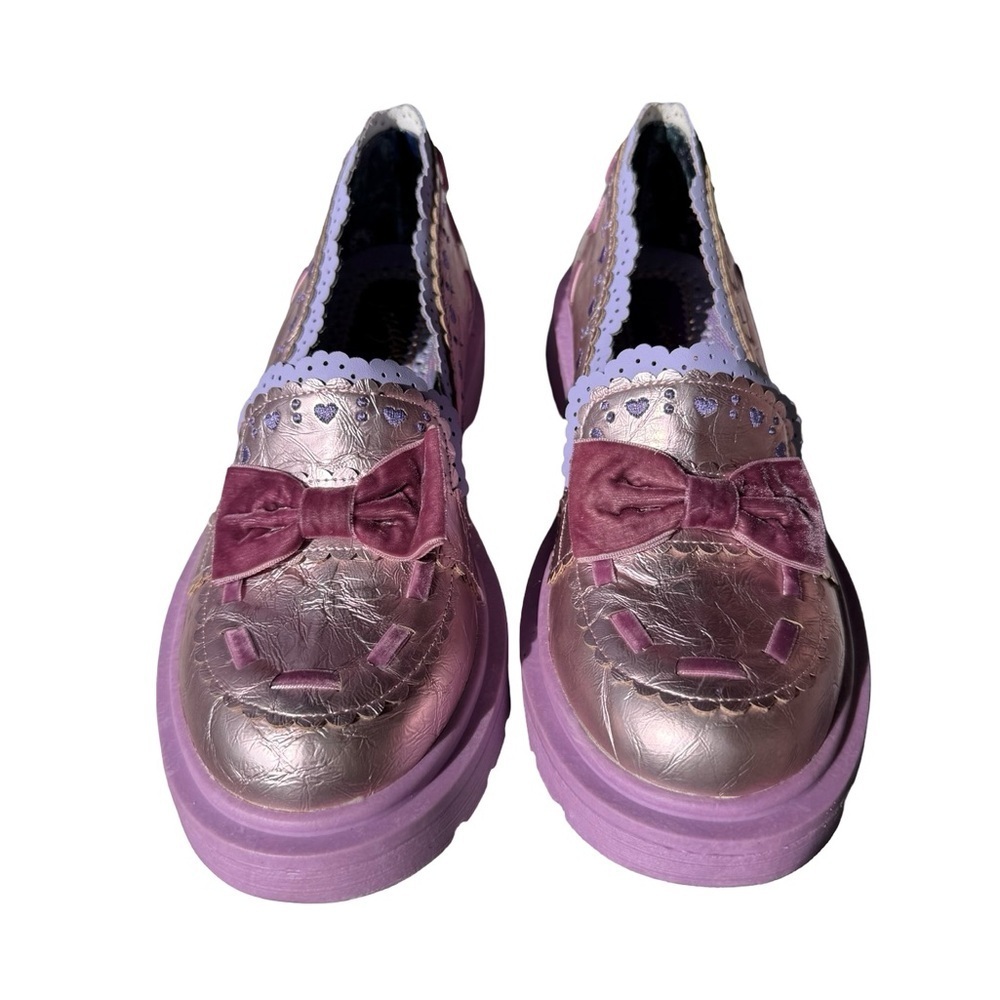 Irregular Choice Pink Metallic Bow Loafers Lavender Scallop Trim US 12 NWOT - Picture 4 of 14